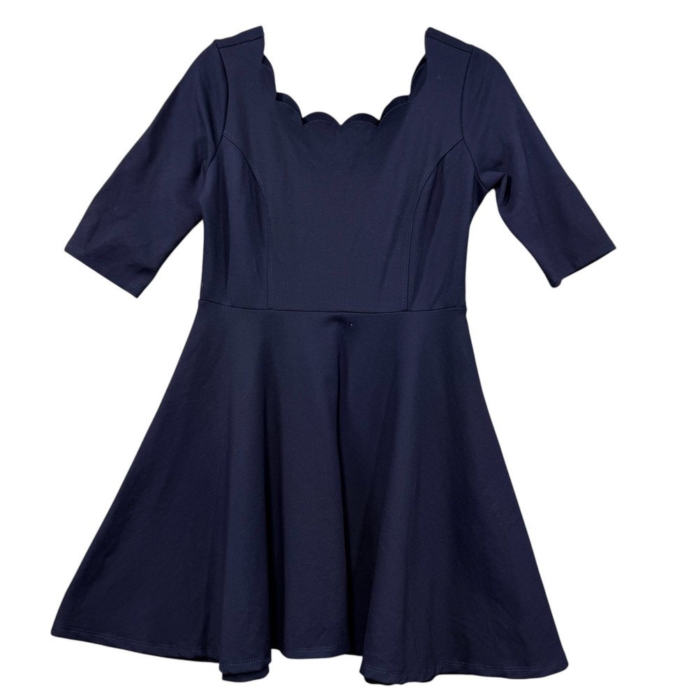 Lulus Dress Women Size Medium‎ Navy Blue Scalloped Neck Elbow Sleeve Modest
